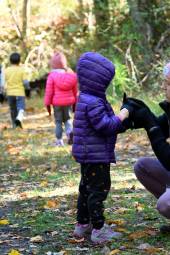 A preschool teacher kneels down with a child on a trail where other preschool children are walking.