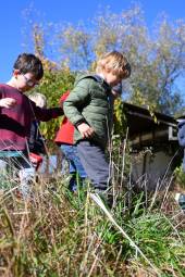 Seven preschool children walk in a line in an autumn outdoor landscape with a building in the background.