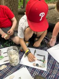 Children make letters with sticks, stones, and seashells.