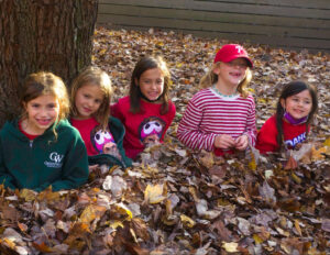 Five children sit buried up to their waists in a pile of autumn leaves.