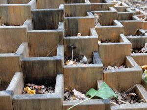 Wooden boxes in a pyramid shape with fungus, plants, and leaves inside each box.