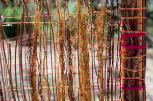 A sculpture of woven dried weeds.