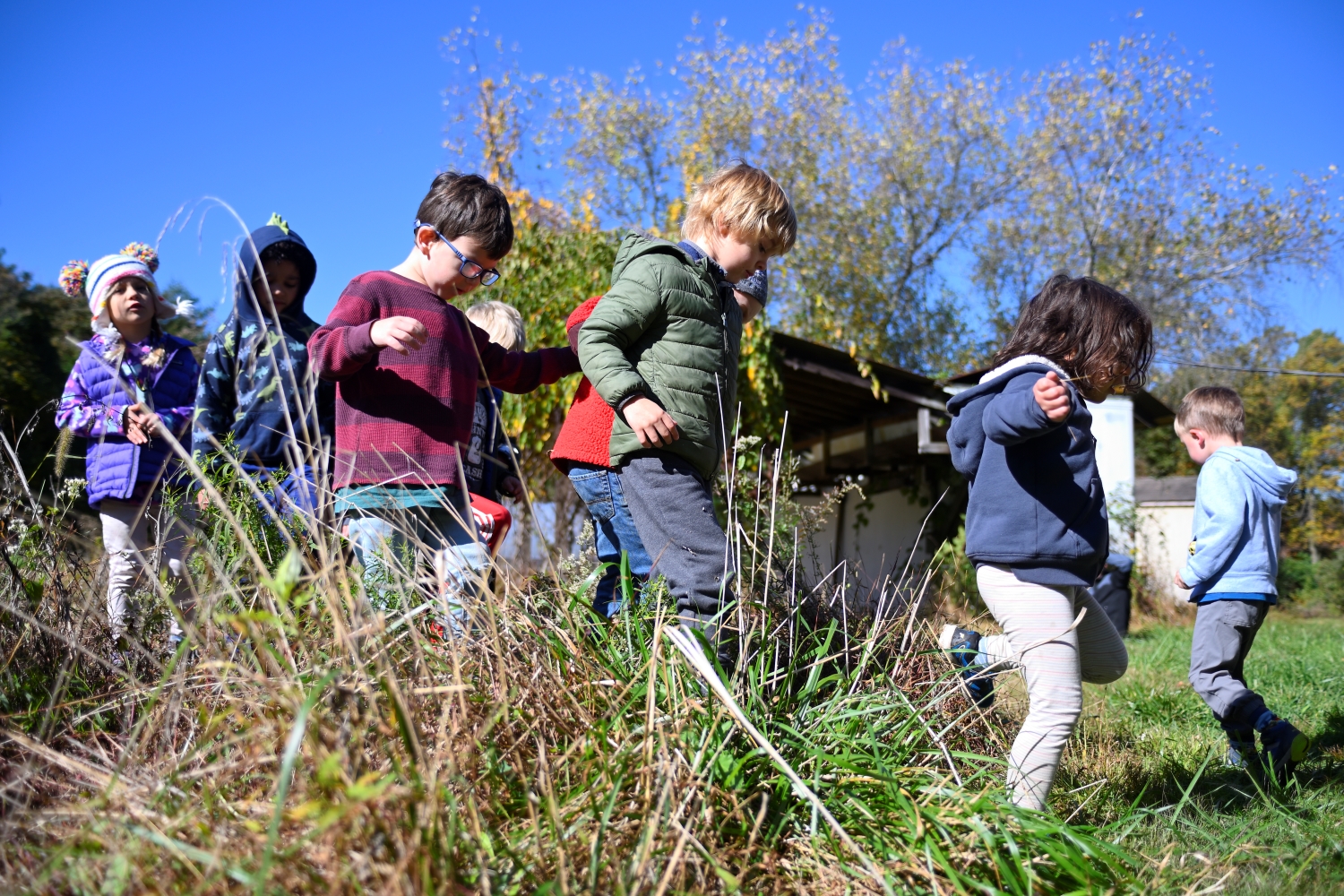 Seven preschool children walk in a line in an autumn outdoor landscape with a building in the background.