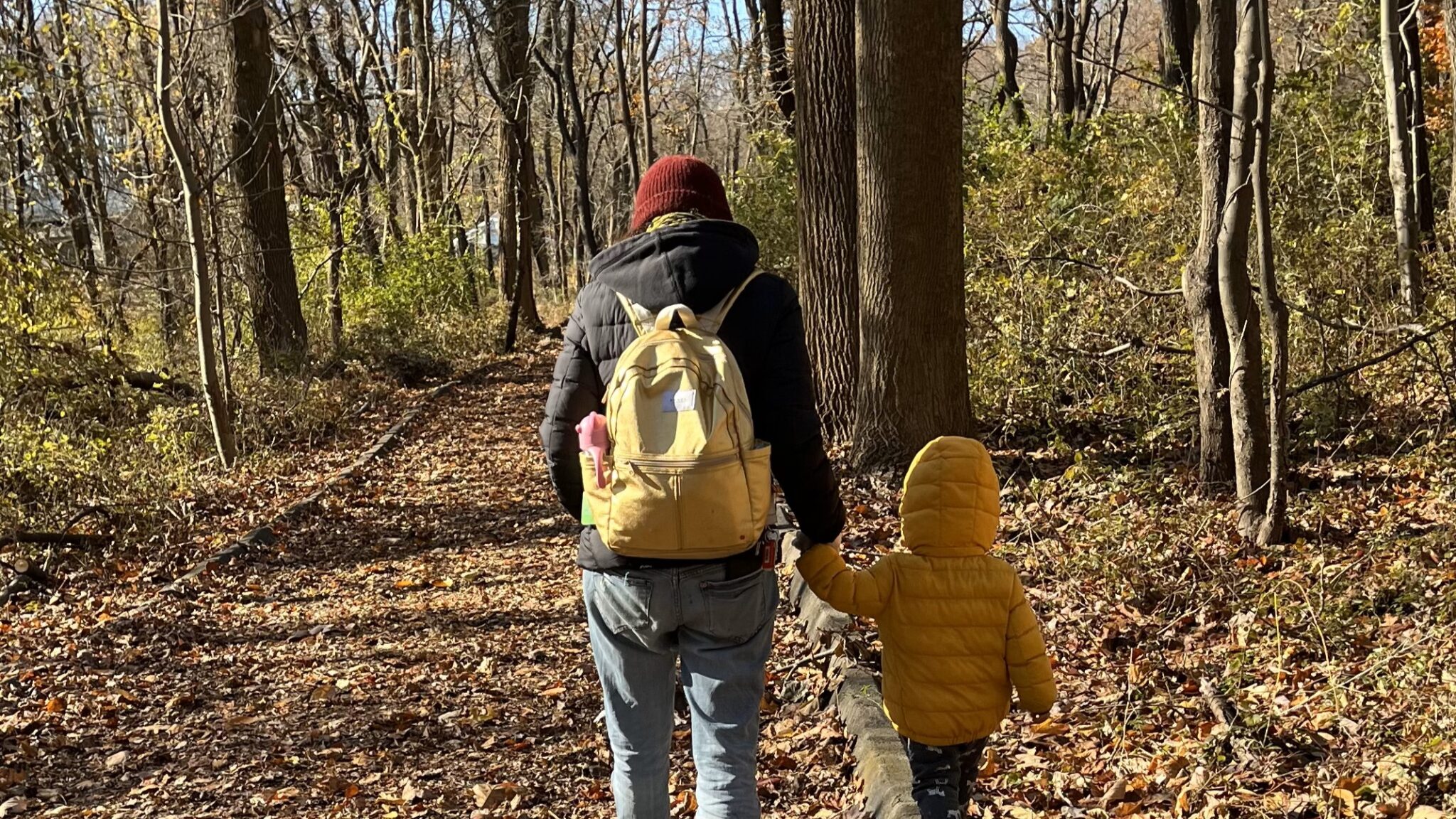 A parent and child walk together on a forested trail in the autumn.